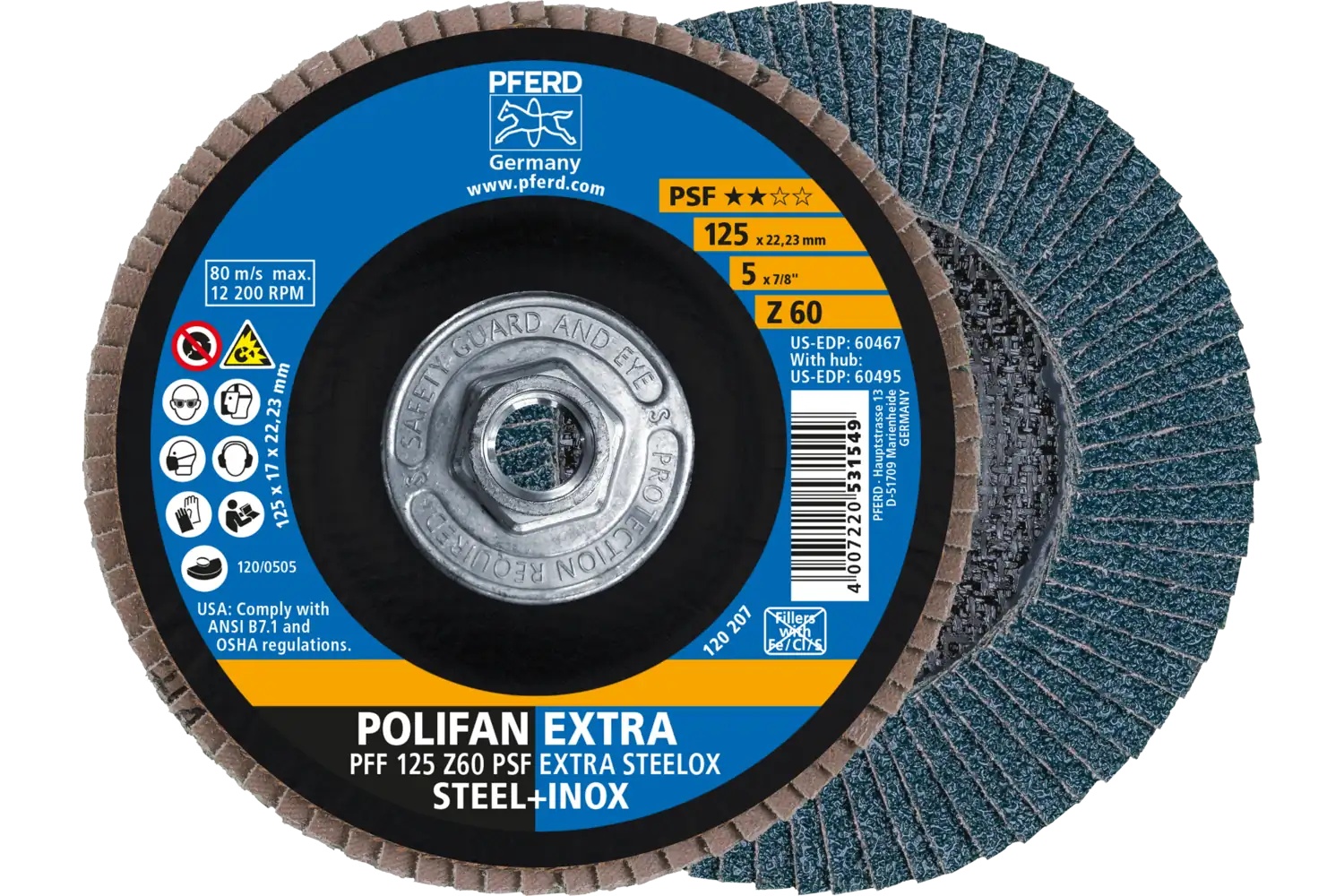 Picture of Pferd Flap Disc, 5" x 5/8-11, Z PSF Extra Steelox, 60 Grit, T27, Flat, Zirconia